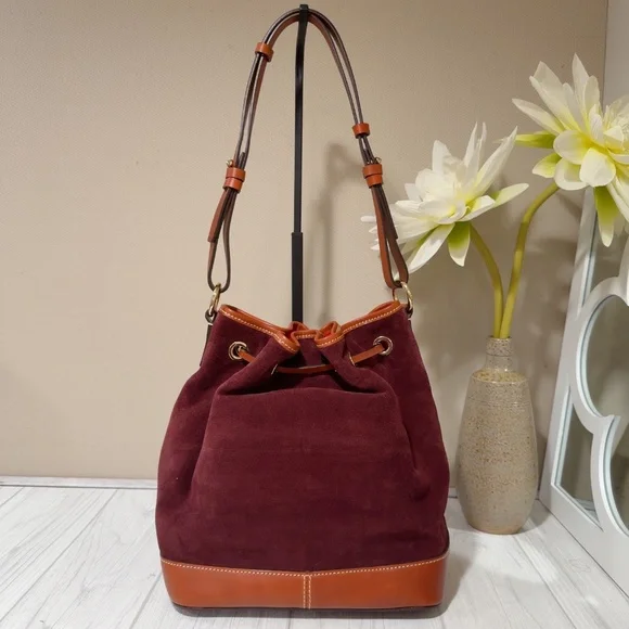 Dooney & Bourke Burgundy Suede Leather Drawstring Bucket Shoulder Bag - Picture 8 of 13